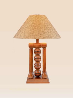 Rustic wooden table lamp with stacked sphere centerpiece and burlap-style conical shade – Model 513