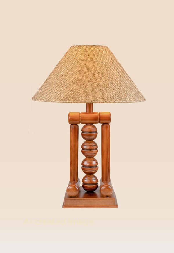Rustic wooden table lamp with stacked sphere centerpiece and burlap-style conical shade – Model 513