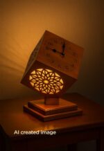 Model 514 – Wooden cube table clock with carved geometric lighting design and angled base-face-side