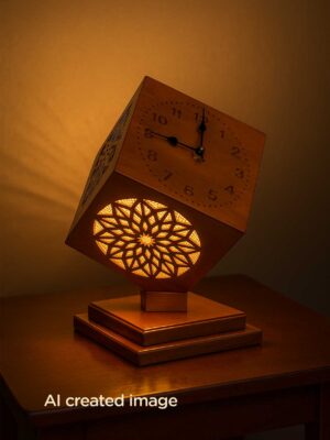 Model 514 – Wooden cube table clock with carved geometric lighting design and angled base-face-side