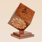 Model 514 – Wooden cube table clock with carved geometric lighting design and angled base
