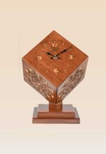 Model 514 – Wooden cube table clock with carved geometric lighting design and angled base-face-fromt