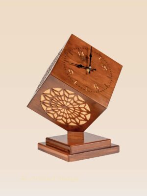 Model 514 – Wooden cube table clock with carved geometric lighting design and angled base