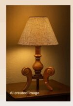 Model 515 – Handcrafted wooden table lamp with burlap shade and artistic curved leg base-light-on