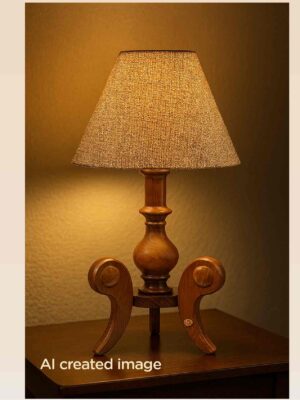 Model 515 – Handcrafted wooden table lamp with burlap shade and artistic curved leg base-light-on