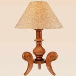 Model 515 – Handcrafted wooden table lamp with burlap shade and artistic curved leg base
