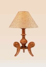 Model 515 – Handcrafted wooden table lamp with burlap shade and artistic curved leg base