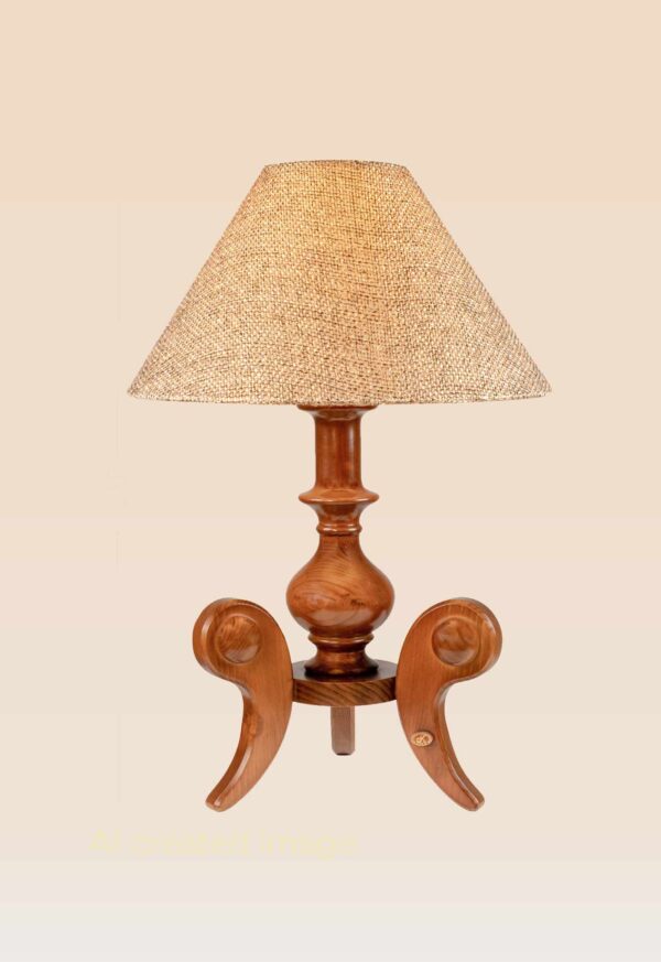 Model 515 – Handcrafted wooden table lamp with burlap shade and artistic curved leg base