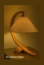 Model 516 – Curved wooden table lamp with large woven shade and sculptural base