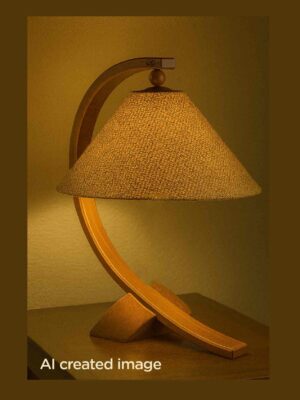 Model 516 – Curved wooden table lamp with large woven shade and sculptural base