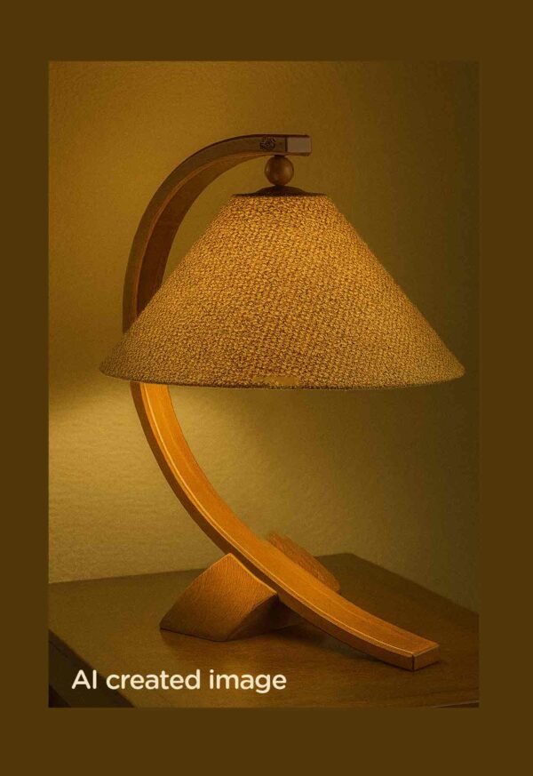 Model 516 – Curved wooden table lamp with large woven shade and sculptural base