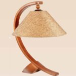 Model 516 – Curved wooden table lamp with large woven shade and sculptural base