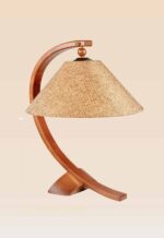 Model 516 – Curved wooden table lamp with large woven shade and sculptural base