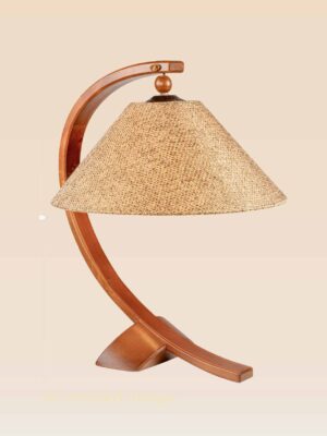 Model 516 – Curved wooden table lamp with large woven shade and sculptural base