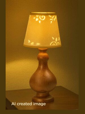 Model 518 – Wooden table lamp with rounded base and floral-patterned fabric lampshade
