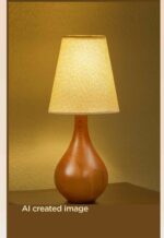 Model 519 – Wooden table lamp with pear-shaped base and cream textured lampshade-light-on