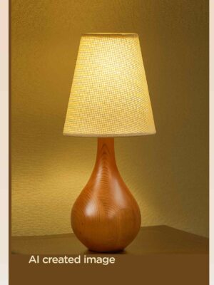 Model 519 – Wooden table lamp with pear-shaped base and cream textured lampshade-light-on