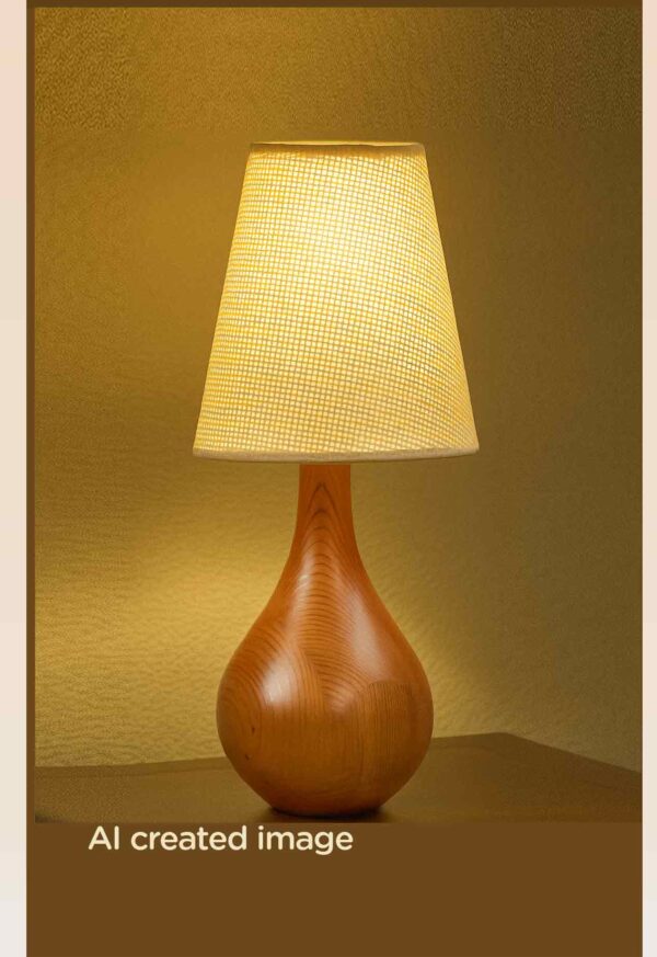 Model 519 – Wooden table lamp with pear-shaped base and cream textured lampshade-light-on