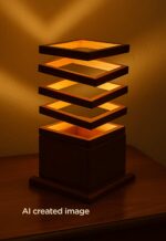 Model 520 – Wooden table lamp with geometric stacked square design and solid base-light-on