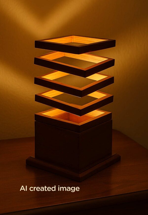 Model 520 – Wooden table lamp with geometric stacked square design and solid base-light-on