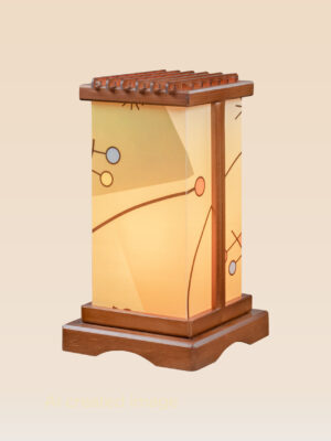 Modern wooden table lamp with geometric-patterned acrylic panels and soft amber glow, handcrafted by DARKAR