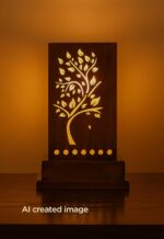 Handcrafted wooden table lamp with tree cutout design and ambient glow – DARKAR wood lighting- CHECKMARK furniture trading