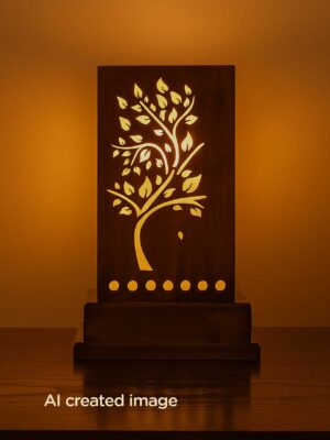 Handcrafted wooden table lamp with tree cutout design and ambient glow – DARKAR wood lighting- CHECKMARK furniture trading