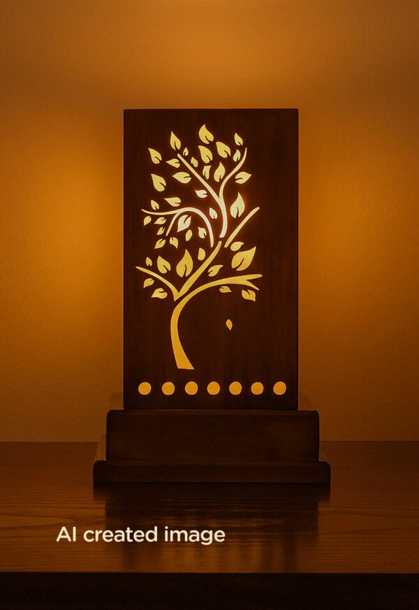 Handcrafted wooden table lamp with tree cutout design and ambient glow – DARKAR wood lighting- CHECKMARK furniture trading