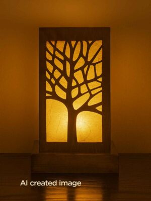 Wooden table lamp with intricate tree silhouette and warm light – handcrafted by DARKAR, available at Checkmark Trading Dubai-front view-light on