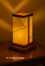 Modern wooden table lamp with geometric-patterned acrylic panels and soft amber glow, handcrafted by DARKAR-light-on