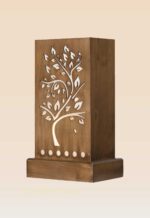 Handcrafted wooden table lamp with glowing tree cutout design – Checkmark Trading Dubai side view