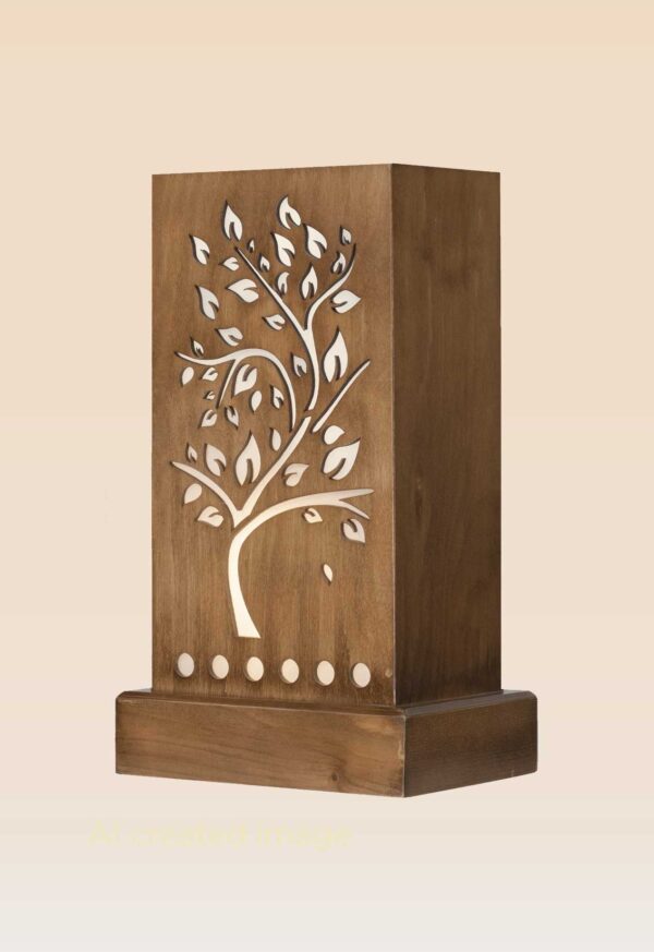 Handcrafted wooden table lamp with glowing tree cutout design – Checkmark Trading Dubai side view