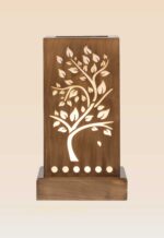 Handcrafted wooden table lamp with glowing tree cutout design – Checkmark Trading Dubai-front side