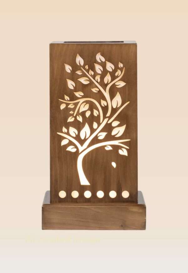 Handcrafted wooden table lamp with glowing tree cutout design – Checkmark Trading Dubai-front side