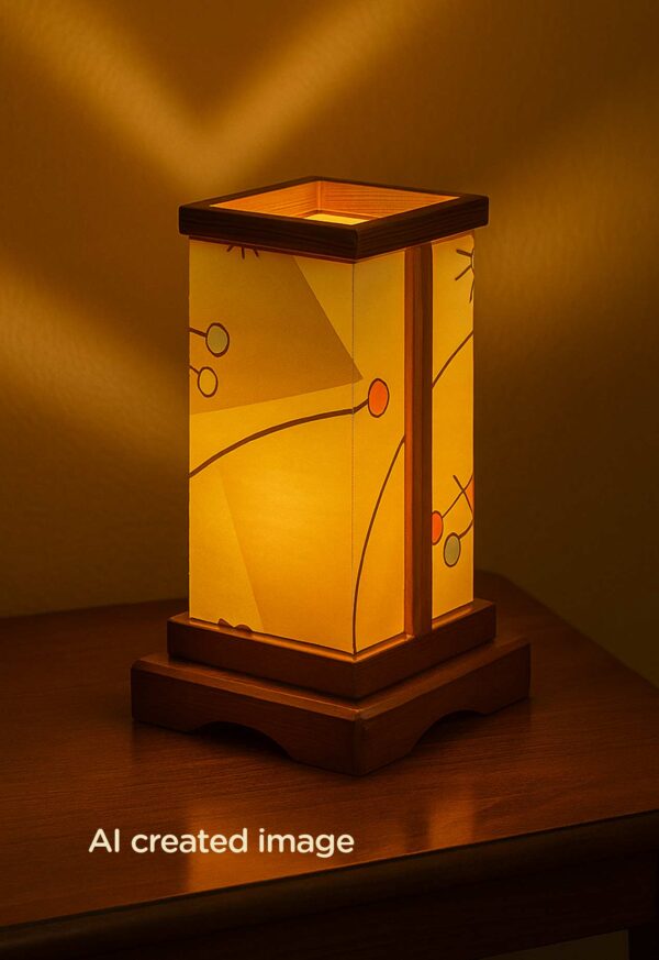Modern wooden table lamp with geometric-patterned acrylic panels and soft amber glow, handcrafted by DARKAR-light-on