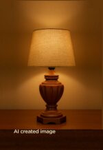Classic handcrafted wooden table lamp with carved vase-style base and beige fabric shade – DARKAR design, available at Checkmark Trading Dubai-light-on