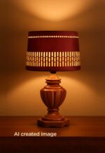 Handcrafted wooden table lamp with carved brown base and deep red patterned fabric shade – DARKAR design from Checkmark Trading Dubai-light on
