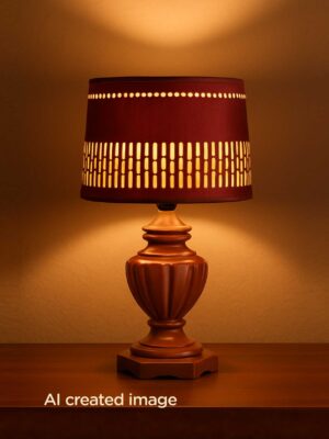 Handcrafted wooden table lamp with carved brown base and deep red patterned fabric shade – DARKAR design from Checkmark Trading Dubai-light on