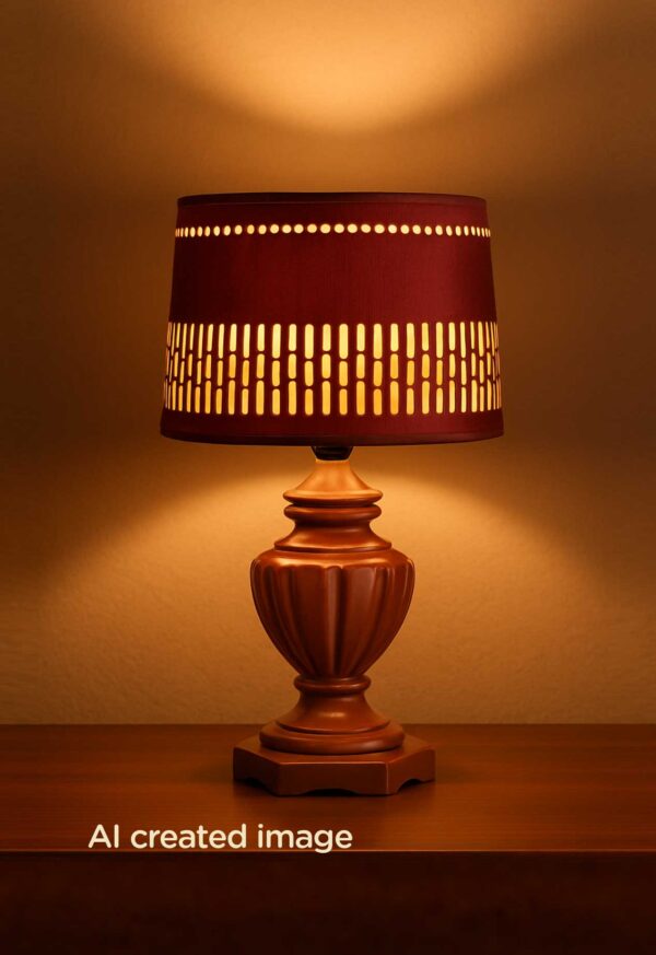 Handcrafted wooden table lamp with carved brown base and deep red patterned fabric shade – DARKAR design from Checkmark Trading Dubai-light on