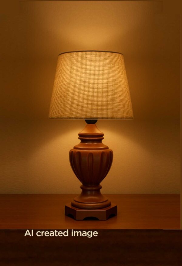 Classic handcrafted wooden table lamp with carved vase-style base and beige fabric shade – DARKAR design, available at Checkmark Trading Dubai-light-on