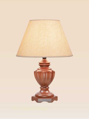 Wooden table lamp model 523 with cream tapered fabric shade and carved base by DARKAR – Checkmark Trading Dubai