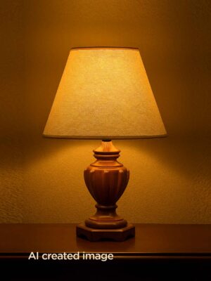 Wooden table lamp model 523 with cream tapered fabric shade and carved base by DARKAR – Checkmark Trading Dubai-light on