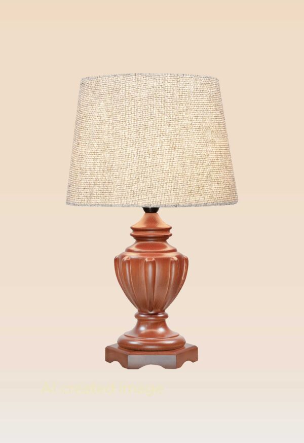 Classic handcrafted wooden table lamp with carved vase-style base and beige fabric shade – DARKAR design, available at Checkmark Trading Dubai