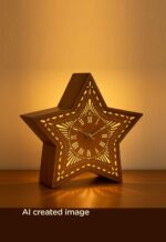 Star-shaped wooden table lamp with built-in Roman numeral clock – Model 524 handcrafted by DARKAR, available at Checkmark Trading Dubai