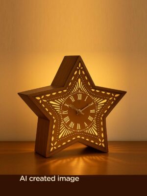 Star-shaped wooden table lamp with built-in Roman numeral clock – Model 524 handcrafted by DARKAR, available at Checkmark Trading Dubai