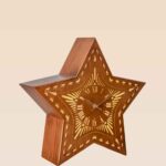 Star-shaped wooden table lamp with built-in Roman numeral clock – Model 524 handcrafted by DARKAR, available at Checkmark Trading Dubai