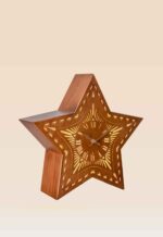 Star-shaped wooden table lamp with built-in Roman numeral clock – Model 524 handcrafted by DARKAR, available at Checkmark Trading Dubai