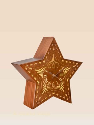 Star-shaped wooden table lamp with built-in Roman numeral clock – Model 524 handcrafted by DARKAR, available at Checkmark Trading Dubai