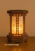 Hexagonal wooden table lamp with frosted floral glass panels and warm ambient glow – Model 531 by DARKAR, distributed by Checkmark Trading Dubai-light on