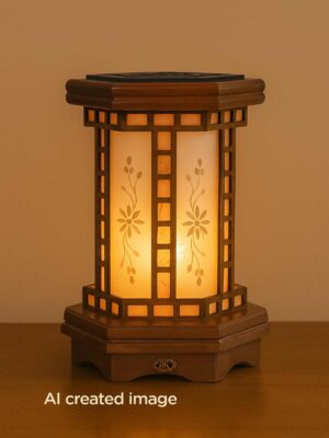 Hexagonal wooden table lamp with frosted floral glass panels and warm ambient glow – Model 531 by DARKAR, distributed by Checkmark Trading Dubai-light on